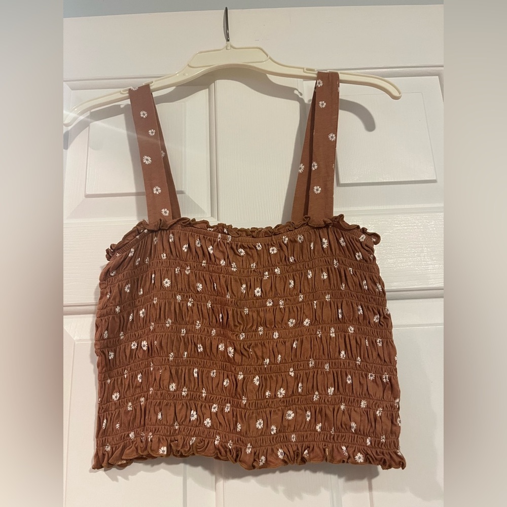 AMERICAN EAGLE Rouched Brown w/ Flowers Tank Top Crop Top Women’s Size M